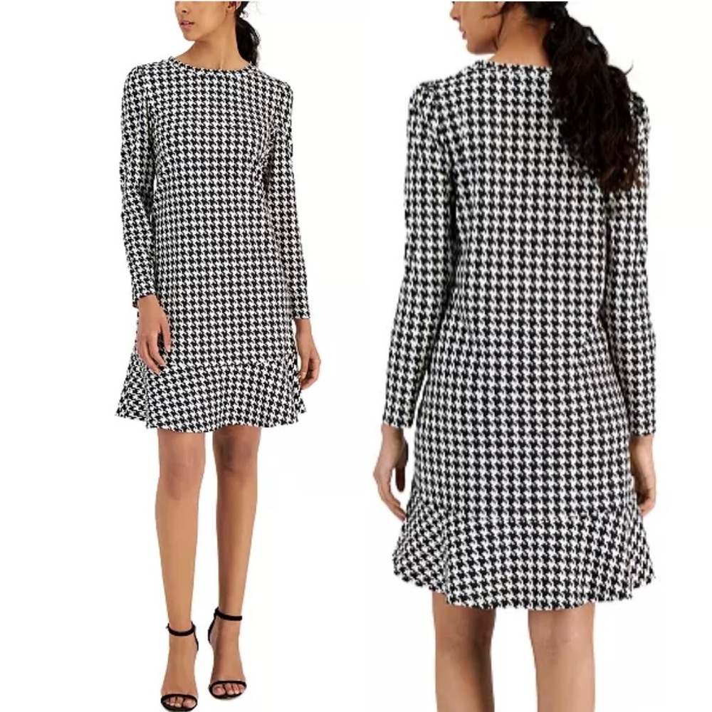 Anne Klein houndstooth flare hem long sleeves dress women’s Size XLarge